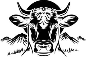 Vintage Style Logo of a Cow, Detailed Black and White Illustration on Solid Background, Front View with Mountains in the Distance, Ideal for Branding and Design Projects vector