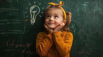 A girl with smiling and thoughtful face expression. Pupil female student standing in front of the green blackboard with lightbulb drawing photo