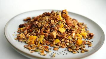 Healthy organic granola breakfast flakes with almonds, cashew nuts walnuts, hazelnuts, pumpkin seeds and cranberries circle rotation close up top view. video