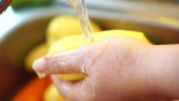 Vegetables in the sink, hands wash vegetables under a stream of water from a tap. Preparation Ukrainian borscht, peeled carrots, beets, and potatoes are seen being washed in a sink. video