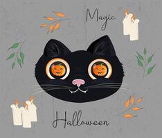 Black Cat with pumpkin-shaped Eyes. Halloween illustration. Magical feast of darkness, Creepy kitten with fangs. background with texture and candles. Design for holidays and party time, for print vector
