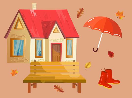 Wooden bench in front of the house, red boots and an umbrella. Illustration elements for banner design, village fairs and websites