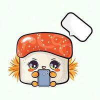 Sushi with a smartphone in hand. hand drawn cartoon kawaii character illustration icon. Isolated on light green background. Sushi character concept vector