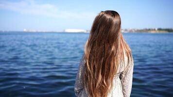 A woman with long brown hair stands on a beach, looking out at the ocean. The water is calm and the sky is clear, creating a peaceful and serene atmosphere. video