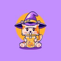 Cat in wizard hat is drinking juice vector