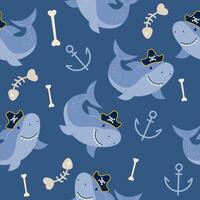 Shark pirate character seamless pattern in flat design vector