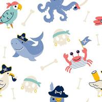 Seamless pattern characters pirate octopus parrot shark crab skull vector