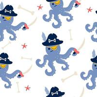 Octopus pirate character seamless pattern in flat design vector