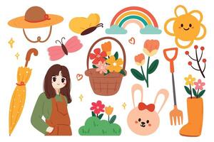 hand drawing cartoon spring sticker set. cute sticker for spring season, doodle set vector