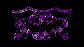 Glowing looping Cinco de Mayo Day message and festive. neon frame effect, black background. video