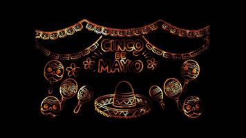 Glowing looping Cinco de Mayo Day message and festive. neon frame effect, black background. video