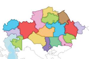 illustrated blank map of Kazakhstan with regions, independent cities and administrative divisions, and neighbouring countries and territories. Editable and clearly labeled layers. vector