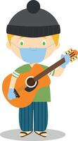 Cute cartoon illustration of a musician with surgical mask and latex gloves as protection against a health emergency vector
