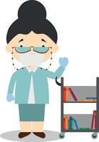 Cute cartoon illustration of a librarian with surgical mask and latex gloves as protection against a health emergency vector