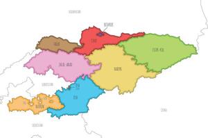 illustrated map of Kyrgyzstan with regions and administrative divisions, and neighbouring countries and territories. Editable and clearly labeled layers. vector