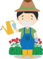 Cute cartoon illustration of a gardener with surgical mask and latex gloves as protection against a health emergency vector