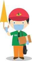 Cute cartoon illustration of a touristic guide with surgical mask and latex gloves as protection against a health emergency vector