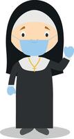 Cute cartoon illustration of a nun with surgical mask and latex gloves as protection against a health emergency vector