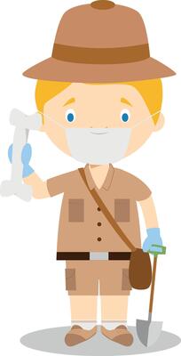 Cute cartoon illustration of an archaeologist with surgical mask and latex gloves as protection against a health emergency