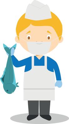 Cute cartoon illustration of a fishmonger with surgical mask and latex gloves as protection against a health emergency