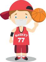 Cute cartoon illustration of a basketball player with surgical mask and latex gloves as protection against a health emergency vector