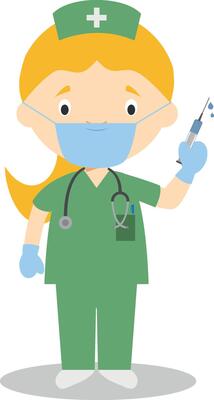 Cute cartoon illustration of a nurse with surgical mask and latex gloves as protection against a health emergency