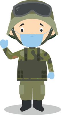 Cute cartoon illustration of a soldier with surgical mask and latex gloves as protection against a health emergency
