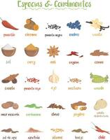 Set of 25 different culinary species and condiments in cartoon style. Spanish names. vector
