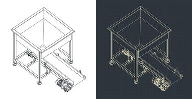Feeding hopper with belt conveyor isometric blueprints vector