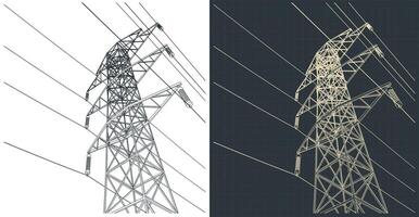 Technical drawings of high voltage electric pole with wires vector