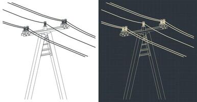 Technical drawings of utility pole power lines with wires vector
