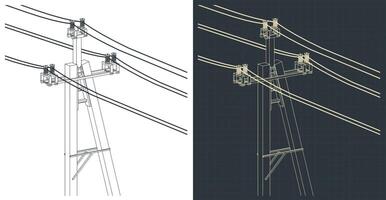 Utility pole power lines technical drawings vector