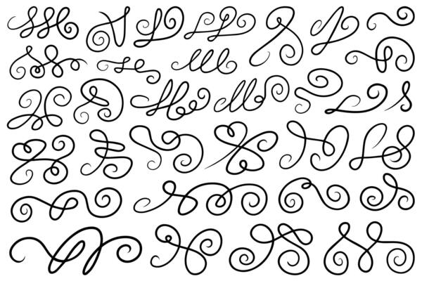 Abstract curly calligraphic lines. Scribble Twists with black contour lines. Abstract decorative design elements.