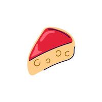 Piece of cheese in a red crust with holes in cartoon style. Grocery simple design. illustration isolated on white background. vector
