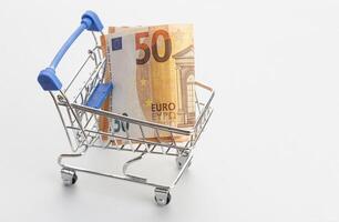 Shopping cart with euro banknotes. Wealth, saving, income concept photo