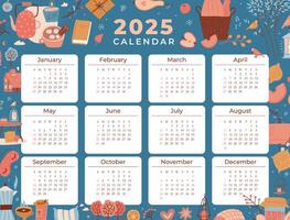 Printable hand drawn one sheet calendar for 2025 year. Calendar grid template of 12 Months, Sunday first. Illustration with hand drawn cozy stuff frame in trendy flat style. vector