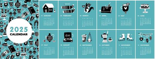 Multipage Calendar template for 2025. Vertical doodles of four seasons activities. Editable pages with black and white illustrations on blue, set of 12 months with cover.Week starting on Sunday vector