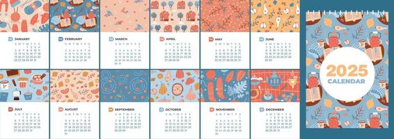 2025 calendar with 12 months sheets design. Vertical a4 a3 size template. Four seasons nature cute cozy patterns. Natural mood. illustration in flat cartoon style. Week starting on Sunday. vector