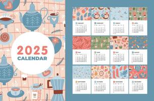 2025 calendar template set with 12 months pages and cover. Paper sheets with colorful cozy seasons elements patterns in flat hand drawn style. Week starts on Sunday. vector