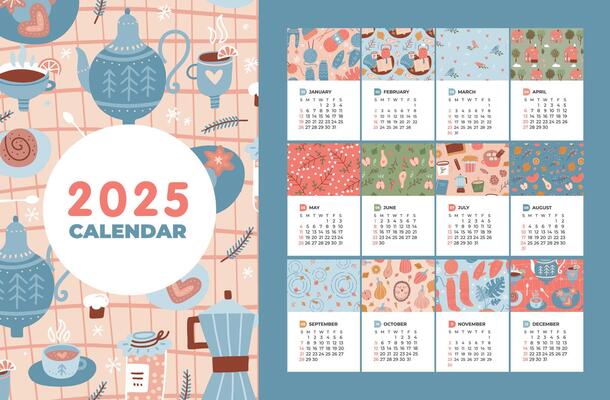 2025 calendar template set with 12 months pages and cover. Paper sheets with colorful cozy seasons elements patterns in flat hand drawn style. Week starts on Sunday.
