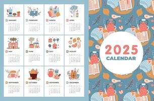 Cute and cozy 2025 calendar template with hand drawn four seasons elements. Week starting on Sunday. Ready to print. Cute illustrations in flat hand drawn style. vector