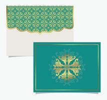 The cover frame and envelope of the wedding invitation feature a floral motif pattern with gold accents vector