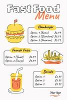 Vertical fast food menu template with hand drawn food elements vector
