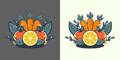 illustration featuring an orange fruit, carrot, lemon, leaves, and berries illustration showcases healthy, fresh fruit in bright, vibrant colors, emphasizing natural ingredients vector