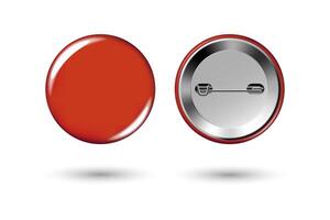 Red badge mockup. Round badge button brooch. Realistic red blank glossy round button badge pin with metal back cover. illustration. vector