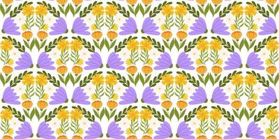 Seamless pattern with floral elements. Botanical inspired repeated fabric or wallpaper design with yellow and orange and big lilac flowers, different leaves. vector