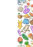 Summer vertical a4 poster, colorful beach elements, accessories icons. Right side border frame, copy space, isolated on white. For card, banner, invitation, social media, planner, notebook or cover vector