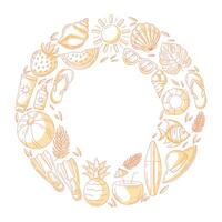 Summer beach elements, round shape frame. Square card, minimalist monochrome orange beach icons isolated on white, space for text in the middle. For poster, flyer, banner, invitation, social media vector