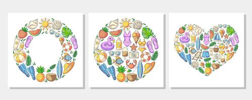 Set of summer beach square card with beach elements in round and heart shape. Collection of colorful beach accessories icons isolated on white. For poster, flyer, banner, invitation, social media vector