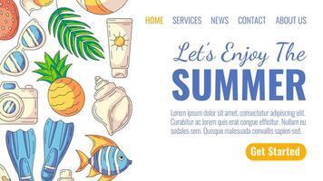 Summer beach colorful elements and accessories. Sunglasses, pineapple, camera, flippers, seashell and sunscreen, fish. Landing page template for website, web, online, banner, travel, tourism vector